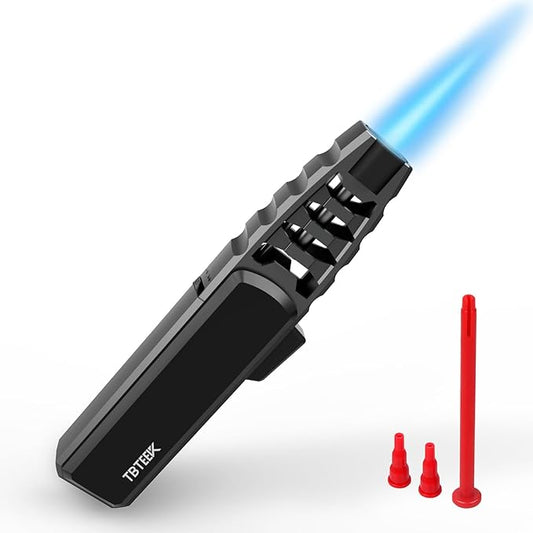 TBTeek Butane Torch Lighter - Adjustable Jet Flame Lighter, Blow Torch, Refillable Bright Fire Torch, Cooking Torch with Safety Lock for Kitchen, BBQ, Baking, Candle, Camping, Black (Gas Not Included)