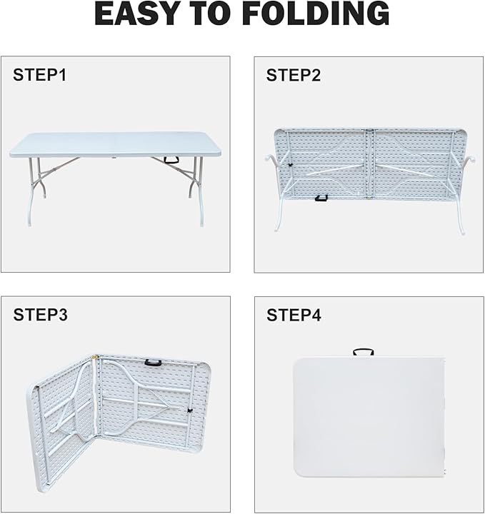 Icoud 6ft Plastic Folding Table Portable Heavy Duty White Dining Table Fold-in-Half for Camp Party Kitchen Indoor Outdoor