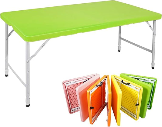 4 FT Folding Table with Carry Handle, Portable Fold-in-Half Plastic Table, Rectangle Foldable Table for Indoor/Outdoor Green