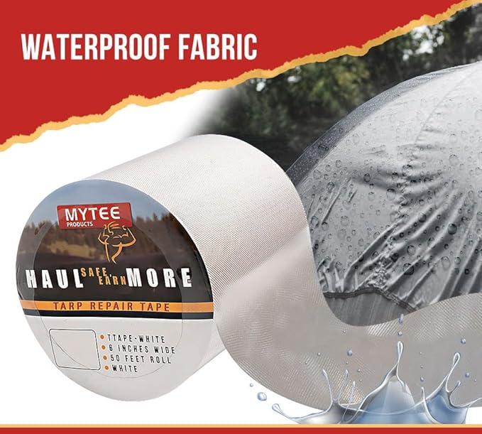Mytee Products 8.8 oz Waterproof White Vinyl Tarp Repair Tape 6 Inch x 50 FT with Heavy Duty Adhesive Backing - Tarp Patch Kit, Tarp Repair Kit