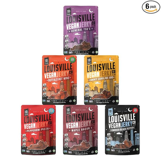 Louisville Vegan Jerky Co. Variety Bundle Vegan Jerky 3 oz. 6 pack (Smoky Carolina BBQ, Buffalo Hot Wing, General Tso, Maple Bacon, Pepperoni Pizza, Smoked Black Pepper)