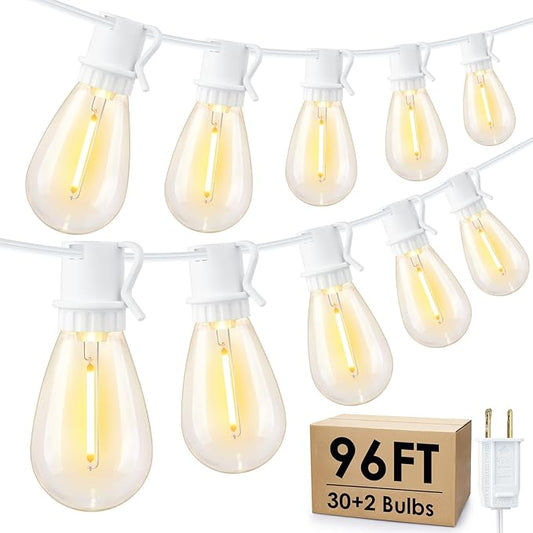 96FT LED Outdoor String Lights, Waterproof Patio Lights with 30+2 2700K Dimmable Vintage Edison Hanging Plastic Bulbs for Bistro Wedding-White