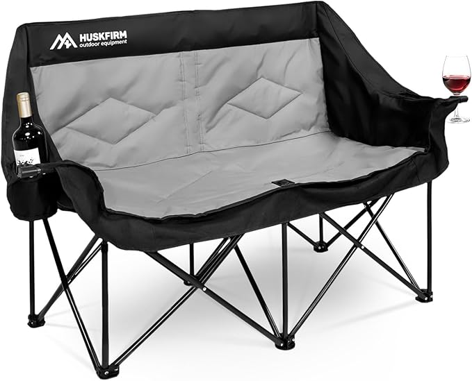 2 Person Camping Chair Oversized Loveseat Camping Chair Double Camping Chairs for Adults Heavy Duty Camping Couch Black Outdoor Folding Chair Portable Patio Lawn Chair