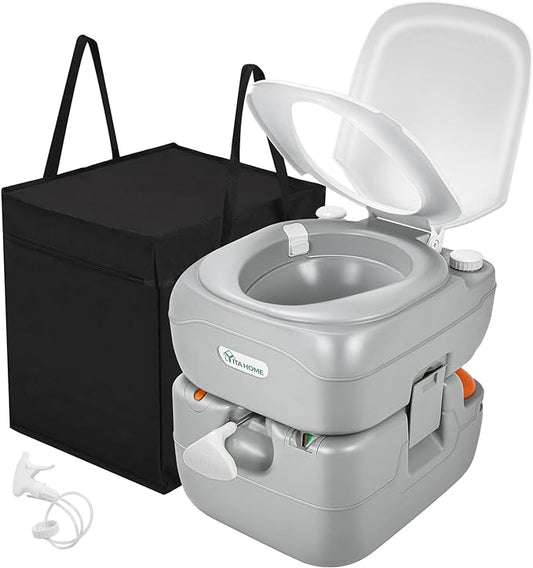 YITAHOME Portable Toilet Camping Porta Potty 5.8 Gallon with Carry Bag and Hand Sprayer, Leak-Proof Indoor Outdoor Toilet with Level Indicator, Handle Pump, for RV Travel, Boat and Trips