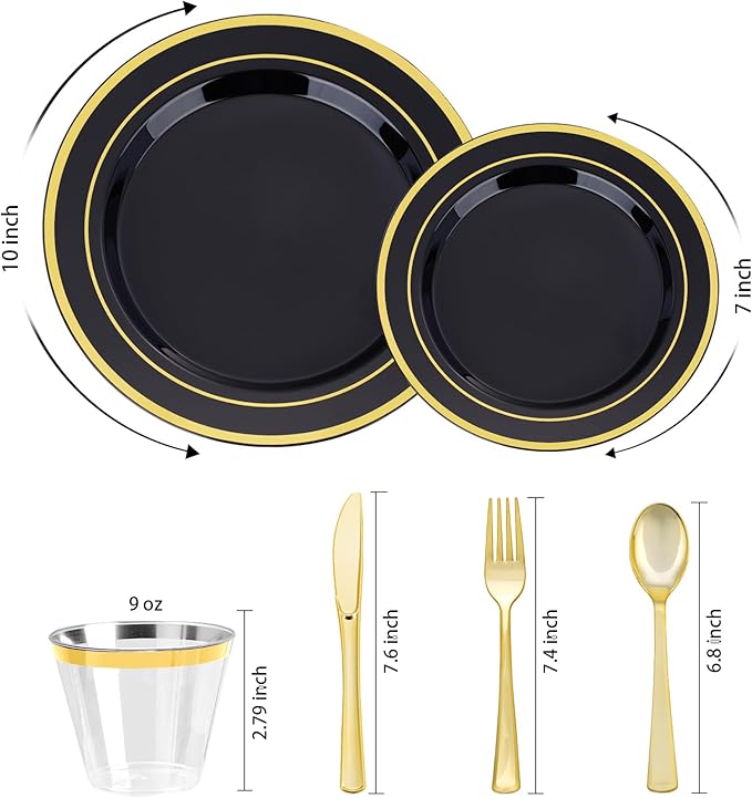 600PCS Black Gold Dinnerware Set for 100 Guests, Plastic Plates for Halloween Party and Christmas, 100 Disposable Plates, 100 Dessert Plates, 100 Cups, 100 Spoons, 100 Forks and 100 Knives
