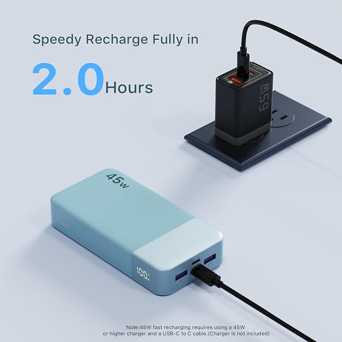 NOBIS Portable Charger, 20000mAh Power Bank, 45W Power Bank Fast Charging, Battery Pack with C to C Cable, Battery Bank with Digital Display for iPhone Android Laptop etc(Blue)