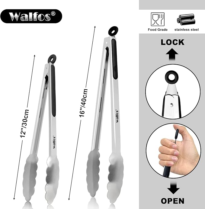 Walfos Extra Long Grill Tongs - Heavy Duty Metal Tongs - 16 & 12 inch Great for Grilling,BBQ/Barbecue,Cooking - Stainless Steel and Non-Slip Heat Resistant Silicone Handle (Set of 2)