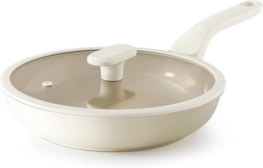 Nonstick Ceramic Frying Pan with Lid, 8/10 Inch Skillet with Stay Cool Handle, Fully Coated, 100% Dishwasher Safe, Oven Safe, PTFE PFAS & PFOA Free (8 Inch, Coconut White
