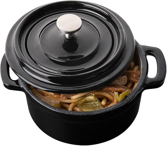 Restaurantware 8 Ounce Mini Casserole Dish 1 Mini Dutch Oven With Lid - Enameled Round Black Cast Iron Mini Cocotte Heavy-Duty For Baking Braising Or Roasting