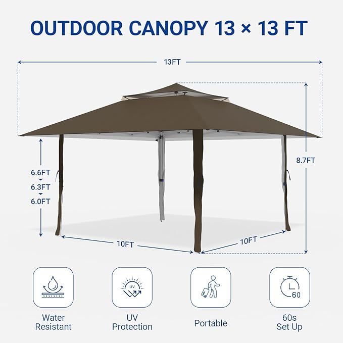 Favofamilie13x13 FT Pop Up Canopy, Instant Setup Gazebo with Wheeled Carry Bag, 4 Sandbags & 4 Ropes, UV-Resistant Top, Heavy Duty Outdoor Shelter for Backyard Camping Events, Brown
