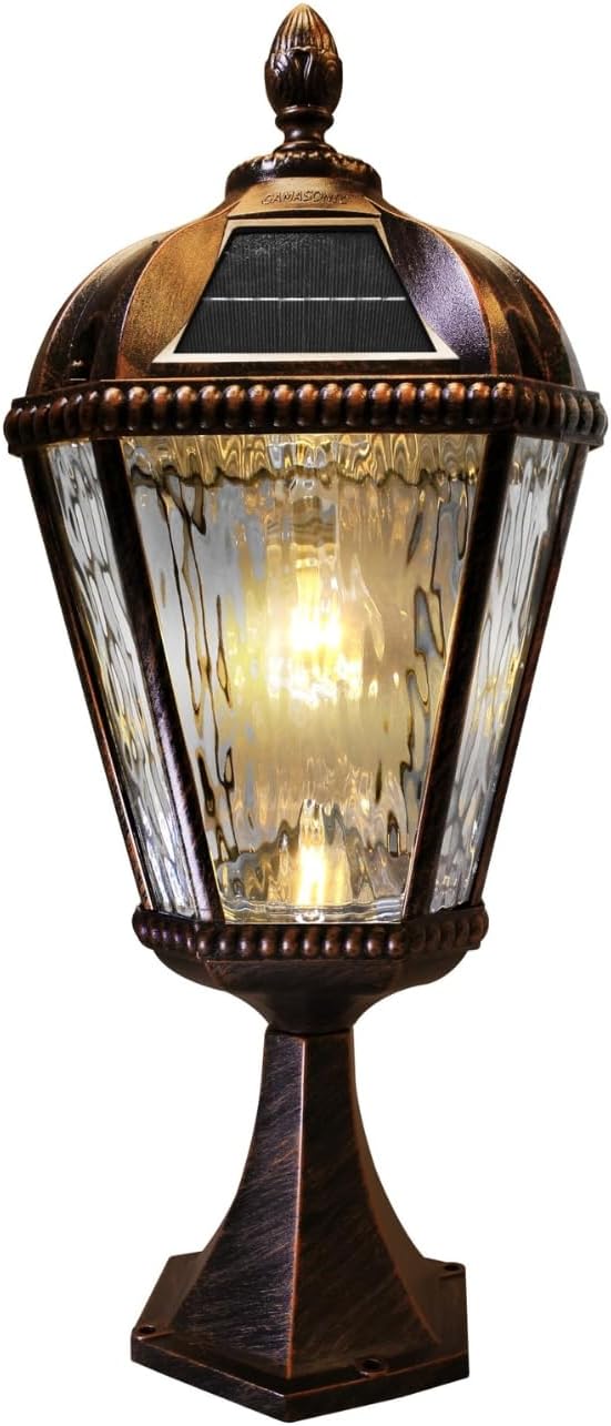 Gama Sonic Outdoor Solar Post Light with Pier Base, Brushed Bronze Finish Aluminum and Rain Glass, Royal Bulb 150 Lumens Warm White LED, Mount on Column or Flat Surface 98B111 Upgraded Panel