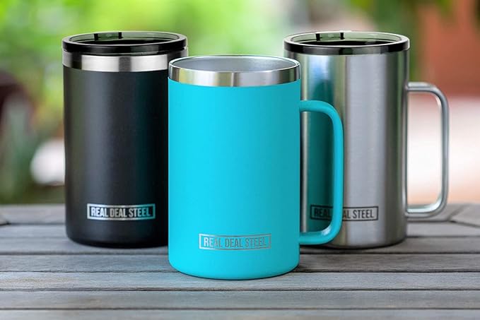 Insulated Mug with Handle and Lid - Stainless Steel Vacuum Coffee Cup, Set of 2, 20 oz - Large Double Wall Coffee or Tea Cup, Thermal Camping Mug Keeps Drinks Hot, That Keeps Beer Cold