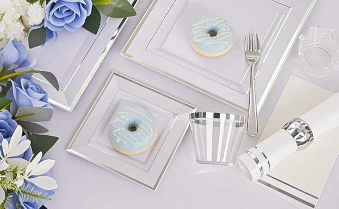 Festiva 350Pcs Silver Plates - Silver Square Plastic Plates 9 .5" and 6" - serve for 50 guests include 50 Cups 50Plastic Cutlery 50Hand Napkins Perfect for Party&Wedding&Birthday&Easter Day