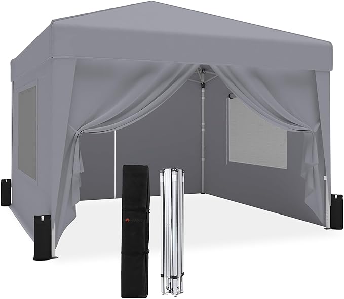 SANWAY 10x10 Pop Up Canopy Tent with Sidewalls x 4 – Easy Setup Canopy Tent, Waterproof, UV-Resistant, Portable with Carry Bag for Outdoor Events, Camping, and Backyard Parties – Grey
