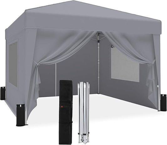 SANWAY 10x10 Pop Up Canopy Tent with Sidewalls x 4 – Easy Setup Canopy Tent, Waterproof, UV-Resistant, Portable with Carry Bag for Outdoor Events, Camping, and Backyard Parties – Grey