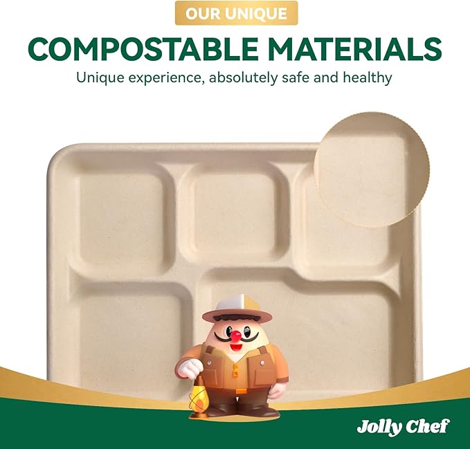 JOLLY CHEF Compostable 𝟱 Compartment Paper Plates 𝟭𝟭 * 𝟴 𝗶𝗻𝗰𝗵 [𝟱𝟬𝟬 𝗣𝗮𝗰𝗸] Heavy Duty Natural Divided Disposable Eco-Friendly Biodegradable Containers Food Trays for Dinner Lunch Buffet