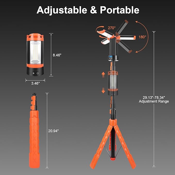 Rechargeable Camping Light with Stand, 73.2" Cordless Work Light, 5000LM, 100W LEDUSB-C Fast Charge 360° Adjustable, 5 Modes & 48H Runtime, Camping Lights for Outdoor, Job Site, Garage, Emergency