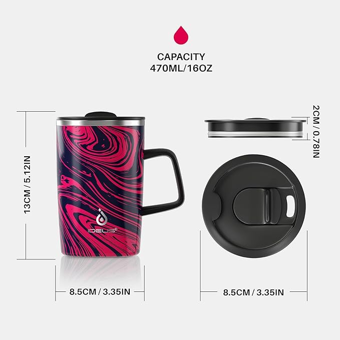 Ideus Vacuum Insulated Coffee Mug, 16oz Reusable Stainless Steel Thermal Double Walled cup with Handle and Slider Lid for Hot & Cold Beverages, BPA Free (Red Zebra)