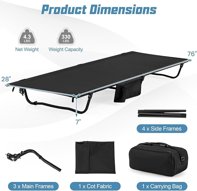 GYMAX Ultralight Camping Cot for Adults, Portable Folding Camping Bed w/Side Pocket, Carry Bag, Compact Sleeping Cot for Outdoor Backpacking Travel Hiking Mountaineering Home Beach, Supports 330 LBS