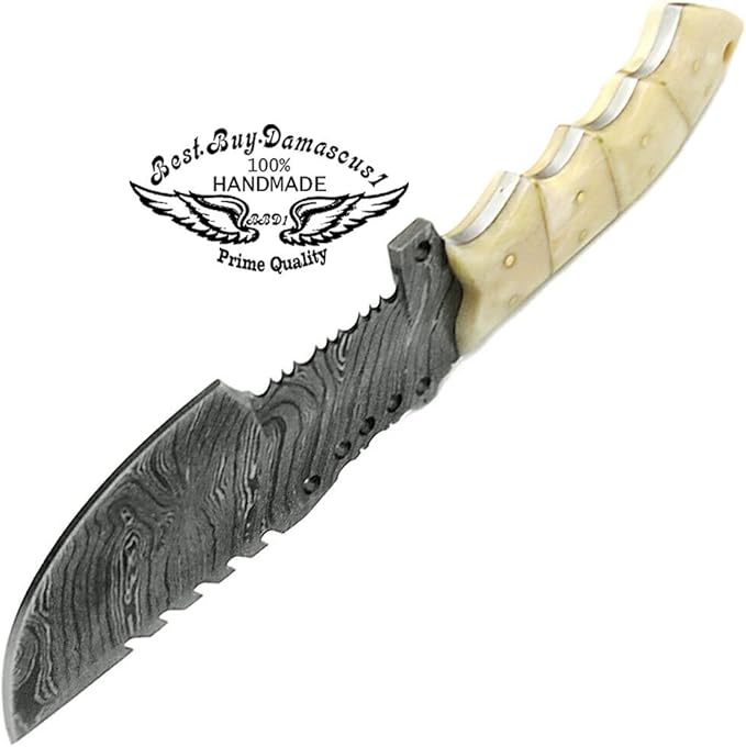 Camel Bone 9.5'' Tracker Knife - Fixed Blade Handmade Damascus Steel Outdoors & Sports Camping Hunting Knife