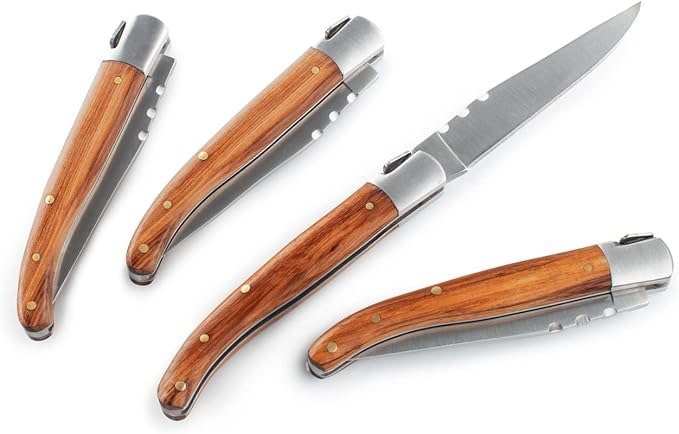 GSI Outdoors Rakau Folding Steak Knife Set, Reclaimed Wood Handles, Stainless Steel, Includes rPET Cloth & Travel Case