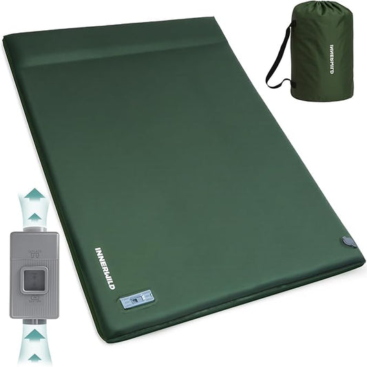 Double Camping Sleeping Pad with Electric Pump, 3.15" Thick 2 Person Self Inflating Memory Foam Mattress Pad with Pillow, Portable Sleeping Mat for Travel, Car, Tent, Home - Green, Full Size