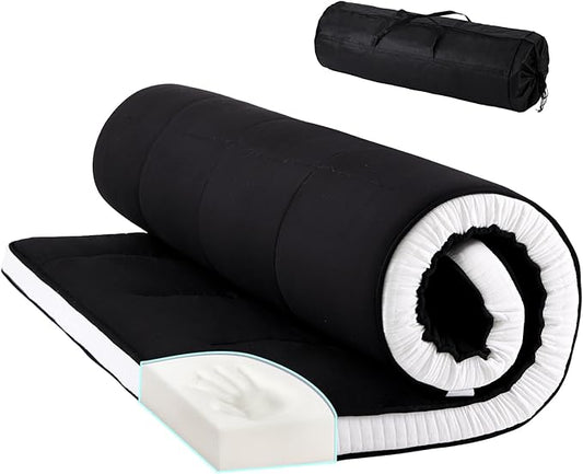 Tiita Memory Foam Mattress Topper Twin Size, 4" Thicken Futon Mattress with Storage Bag and 2 Straps, Portable Roll Up Travel Car Camping Mattress Floor Sleeping Pad, Black