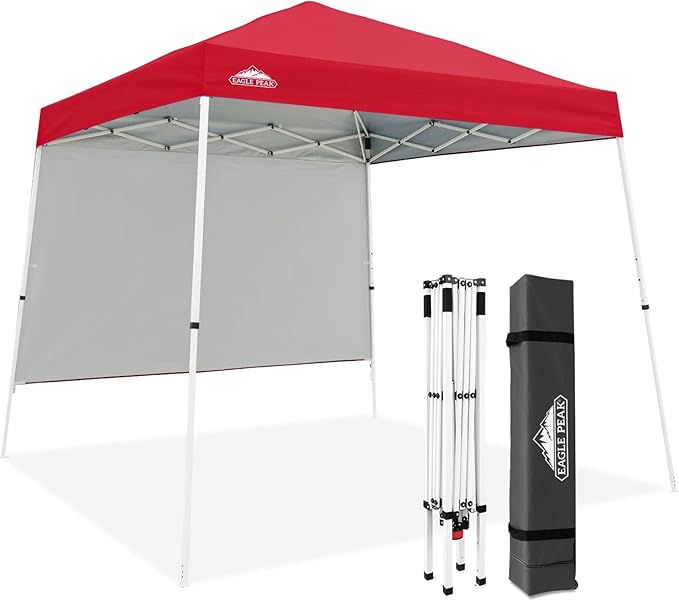 EAGLE PEAK 10x10 Pop Up Canopy Tent with Sidewall, Compact, Portable Slant Leg Instant Sun Shelter for Beach, Sports, & Camping, 10x10 Base 8x8 Top, Red