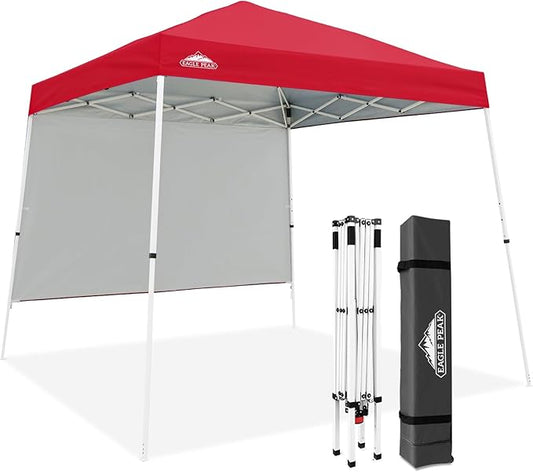 EAGLE PEAK 10x10 Pop Up Canopy Tent with Sidewall, Compact, Portable Slant Leg Instant Sun Shelter for Beach, Sports, & Camping, 10x10 Base 8x8 Top, Red