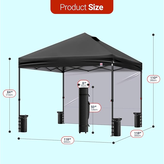 10x10 Pop Up Canopy Tent,Outdoor Canopy for Beach Tent with Sidewalls,Heavy Duty Easy Pop up Canopy Tent for Party Tent,Camping,Markets,Events,Parties. (Black, 10x10 FT)