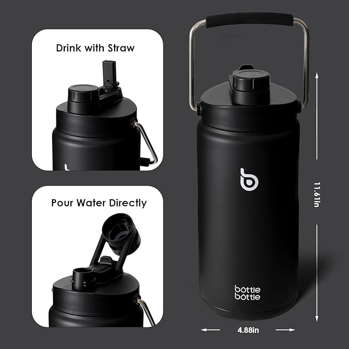 BOTTLE BOTTLE Insulated Water Bottle 64 oz with Straw and Dual-use Lid Half Gallon Water Jug Vacuum Stainless Steel for Workout and Sports Insulated Beer Growler with Handle Dark black
