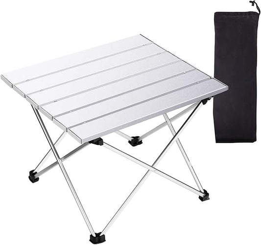 Tesouro Portable Camping Table,Folding Side Table Aluminum Top for Outdoor Cooking, Hiking, Travel, Picnic (Sliver-Medium)