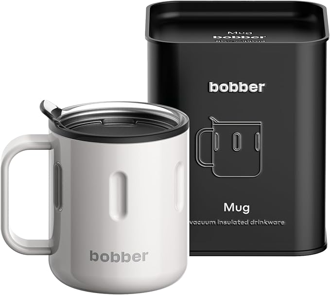 BOBBER 10 oz Insulated Coffee Mug with Handle & Lid – Stainless Steel Coffee Travel Mug – Triple Walled Metal Cup for Hot Drinks, Ideal for Men & Women, Work & Travel (Sand Grey)