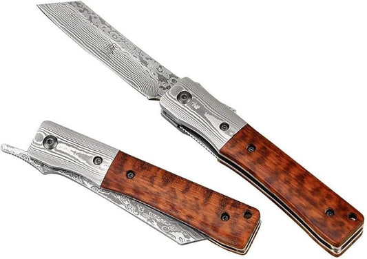 KATSU Handmade Damascus Pocket Knife Wood Handle, Japanese Razor Folding Knives for Men Linner Lock,Snake Wood Damascus Blade Flipper Knife with Leather Sheath Camping Hiking