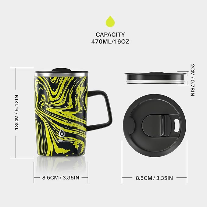 Ideus Vacuum Insulated Coffee Mug, 16oz Reusable Stainless Steel Thermal Double Walled cup with Handle and Slider Lid for Hot & Cold Beverages, BPA Free (Yellow Zebra)