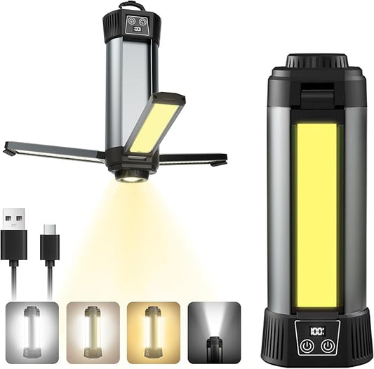 Rechargeable Work Light: Dimmable 6ah Camping Light - Cordless Work Lights 3 Page Head 500/1000/2000 Lumen for Outdoor Use Includes Magnet & Hook(No Stand)