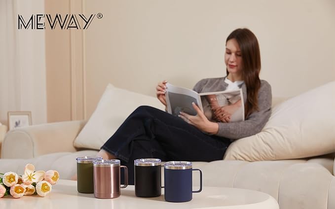 MEWAY 12oz Coffee Mug With Handle 2 Pack Bulk,Stainless Steel Insulated Travel Tumblers With Sliding Lid,Double Wall Vacuum Camping Cup for Hot & Cold Drinks Tea (Cold Grey,Set of 2)
