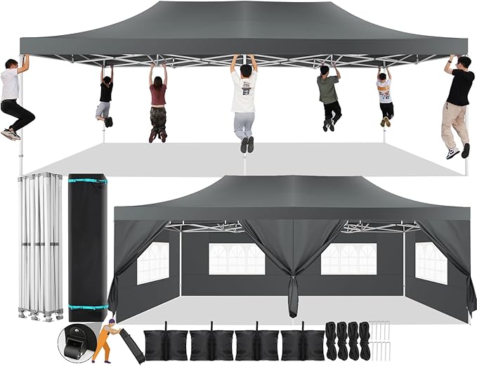 COBIZI 13x26 Pop Up Canopy with 6 Sidewall,Heavy Duty Canopy UPF 50+ All Season Wind Waterproof Commercial Outdoor Wedding Party Tents for Parties Canopy Gazebo with Roller Bag(13 x 26 ft Gray)