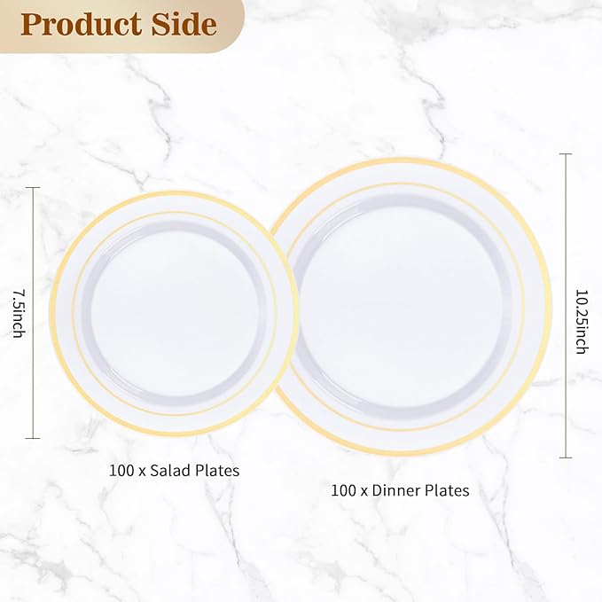 200PCS Gold Plastic Plate, Disposable Party Plates with 100 Dinner Plates and 100 Dessert Plates, Plastic Plates for Party, Wedding and Birthday