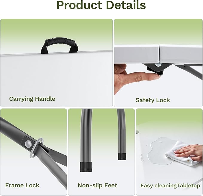 Simple Deluxe 4 FT Foldable Table with Built in Handle & Steel Legs, Heavy Duty Portable Table, Folding Table Outdoor Indoor with Carrying Handle for Camping, Picnic, Party, White