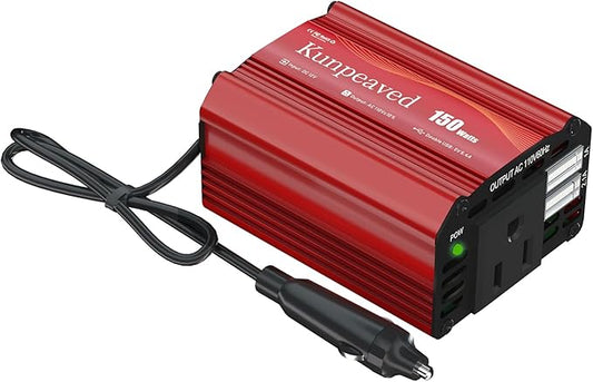 150W Power Inverter DC 12V to 110V Car Charger Converter with Dual USB Ports and AC Outlets for Air Compressor Laptops, Road Trip Accessories (Red)