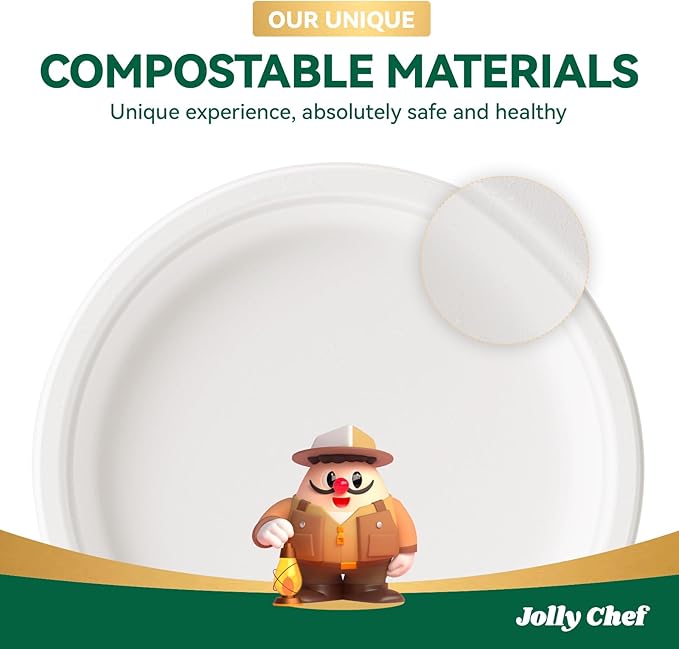 JOLLY CHEF Compostable Heavy Duty Plates 𝟭𝟬 𝗜𝗻𝗰𝗵 [𝟱𝟬𝟬 𝗣𝗮𝗰𝗸] Eco-Friendly Disposable White Paper Plates Made of Bagasse Biodegradable Bulk for Party Dinner Sugarcane Fibers Round 500 Count