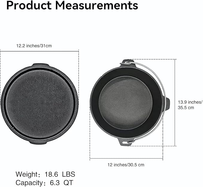 Cast Iron Dutch Oven Pot with Lid,2-in-1, 8 Quart and Lid Lifter Tool for Outdoors and Indoor Use Pre-Seasoned Camping Cookware Pot for Frying Griddling Stewing