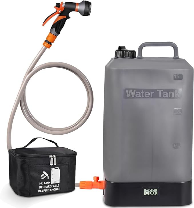 4.5 gallon/16L Silicone Water Tank,Portable Outdoor Shower,Electric Shower,8 Types of Multifunctional Shower Heads,Using Solar Heating Temperature Display,Suitable for Camping,Beach,and Hiking
