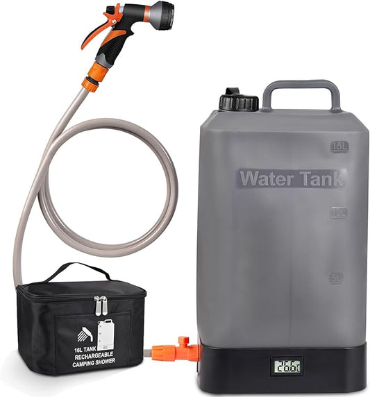 4.5 gallon/16L Silicone Water Tank,Portable Outdoor Shower,Electric Shower,8 Types of Multifunctional Shower Heads,Using Solar Heating Temperature Display,Suitable for Camping,Beach,and Hiking