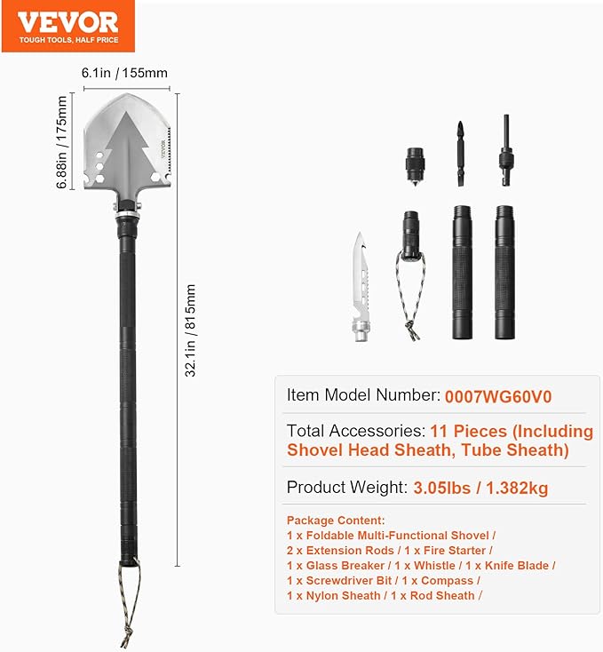 VEVOR Survival Shovel, 11 in 1 Camping Shovel Folding Multitool Kit, Portable and Compact, Stainless Steel, Multifunction for Off-Roading, Camping, Hiking, Outdoor, Survivalist and Emergency