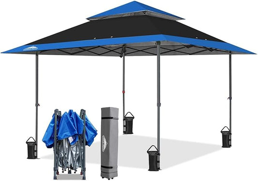 EAGLE PEAK 13x13 Straight Leg Pop Up Canopy Tent Instant Outdoor Canopy Easy Single Person Set up Folding Shelter w/Auto Extending Eaves 169 Square Feet of Shade (Black/Blue)