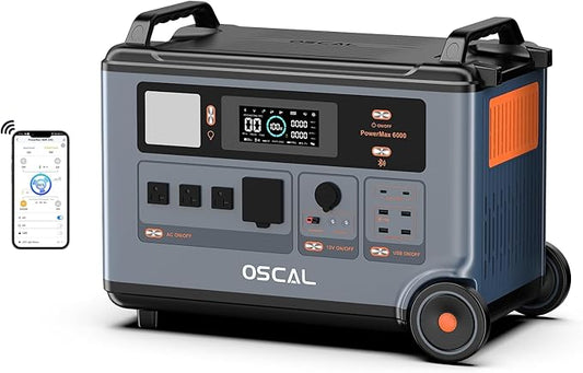 Solar Power Station,OSCAL PowerMax 6000 Solar Generator, 6000W Output / 3600Wh Capacity, 4×AC Outlets (6000W Peak), Rapid 1.2-Hour Charging, App Control, Ideal for Home Backup, Outdoor & RV