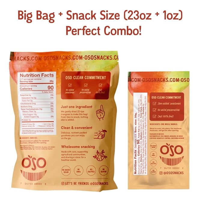 Oso Snacks Dried Mango Bundle | Big Bag + Snack Size (23oz + 1oz) | No Sugar Added | No Preservatives | 100% Fruit | No GMO | Simply Fruit. Simply Delicious.