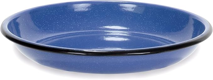 Red Co. Set of 4 Enamelware Metal 10” Round Camping Plates, White-Speckled Blue/Black Rim